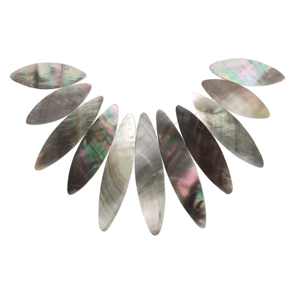 Bead, black lip shell and resin (assembled), 32x12mm-51x15mm graduated fan, Mohs hardness 3-1/2. Sold per 11-piece set. image number 0