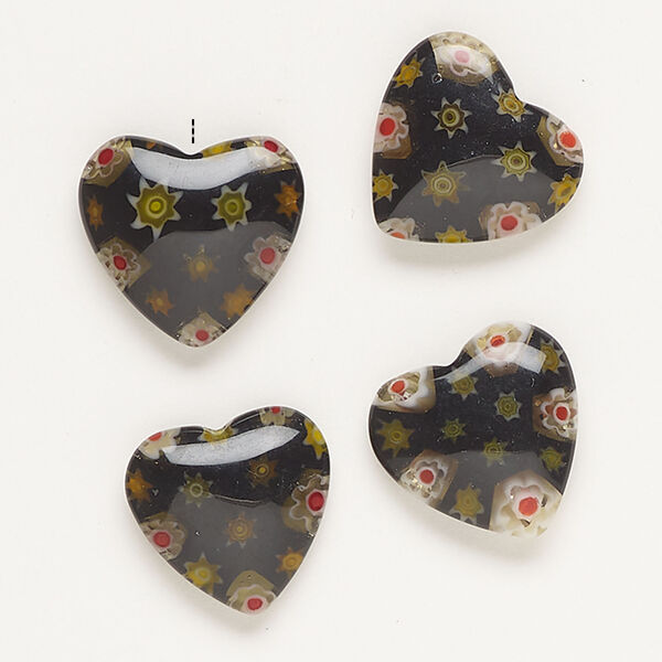 Bead, millefiori glass, opaque black and multicolored, 18-20mm half-drilled puffed heart. Sold per pkg of 4. image number 1