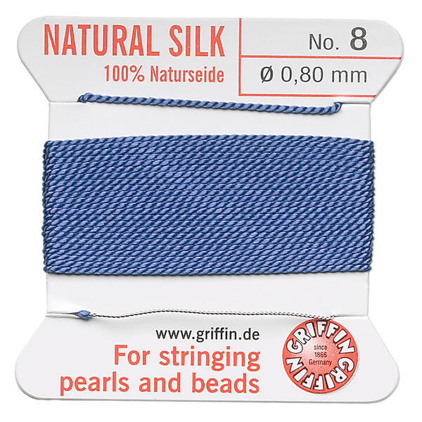 Thread, Griffin, silk, blue, size #8. Sold per 2-meter card (approximately 78 inches). image number 0