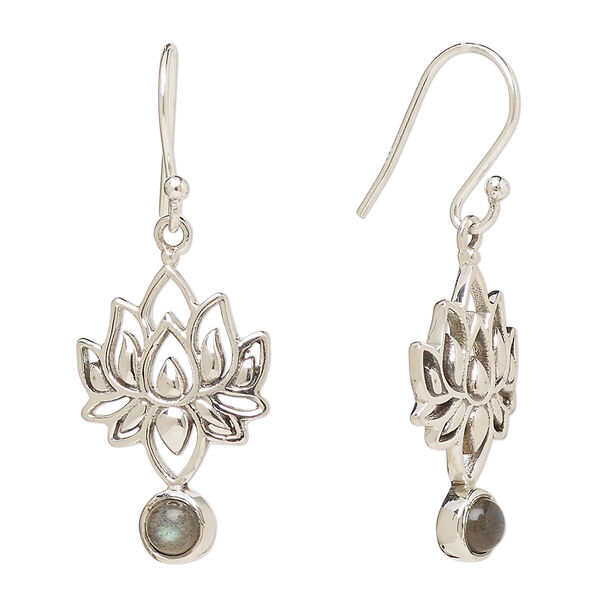 Ear wire, Create Compliments®, antiqued sterling silver and labradorite (natural), fishhook, 37.5mm with 22.5 x 14.5mm single-sided lotus, 21 gauge. Sold per pair. image number 0