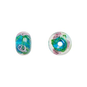 Bead, lampworked glass, opaque teal and multicolored, 12x8mm rondelle with rose. Sold per pkg of 4.