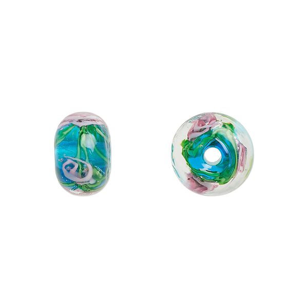 Bead, lampworked glass, opaque teal and multicolored, 12x8mm rondelle with rose. Sold per pkg of 4. image number 0