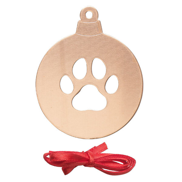 Ornament, ImpressArt®, copper and polyester, 2-1/2 x2 inch ball with cutout paw print with ribbon. Sold per pkg of 2. image number 0
