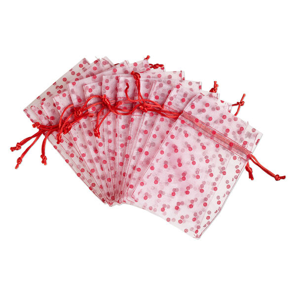 Pouch, organza, white and red, 6x4 inches with dots pattern and drawstring closure. Sold per pkg of 12. image number 0