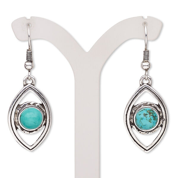 Earring, magnesite (dyed / stabilized) with antique silver-plated brass and "pewter" (zinc-based alloy), blue, 45mm with marquise and fishhook ear wire. Sold per pair. image number 0