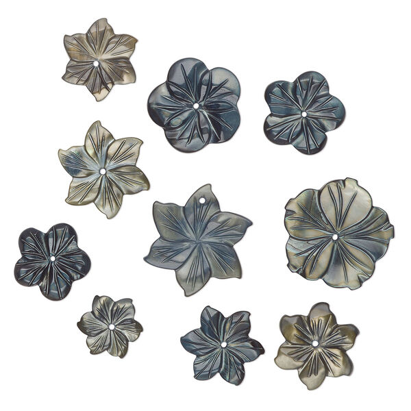 Focal and component mix, mother-of-pearl shell (dyed), steel blue and grey, 12-25mm hand-carved flower, Mohs hardness 3-1/2. Sold per pkg of 10. image number 0