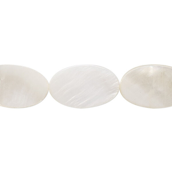 Bead, mother-of-pearl shell (bleached), white, 18x13mm flat oval, Mohs hardness 3-1/2. Sold per 15-1/2" to 16" strand. image number 0