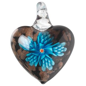 Pendant, lampworked glass, multicolored with copper-colored foil, 40x33mm single-sided puffed heart with flower. Sold individually.