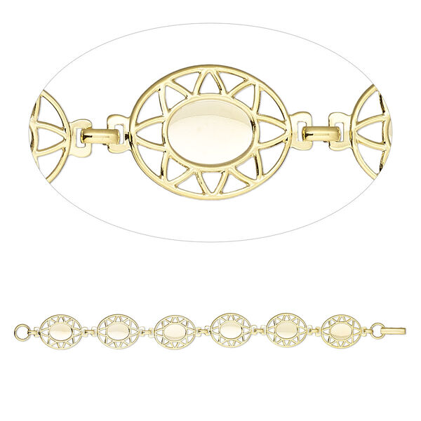Bracelet component, gold-plated brass, 20x17mm fancy oval with (6) 10x8mm oval settings, 7 inches with fold-over clasp. Sold individually. image number 0