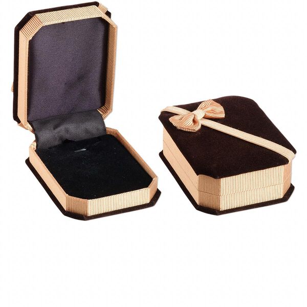 Box, pendant / earring, velveteen and satin, brown / gold / black, 3-7/8 x 2-7/8 x 1-1/4 inches with ribbed ribbon. Sold individually. image number 0