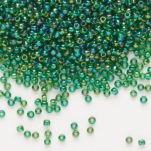 Seed bead, Dyna-Mites™, glass, pkg/1/2kg, #11 round, translucent rainbow emerald green, (22R 11/0 RR).