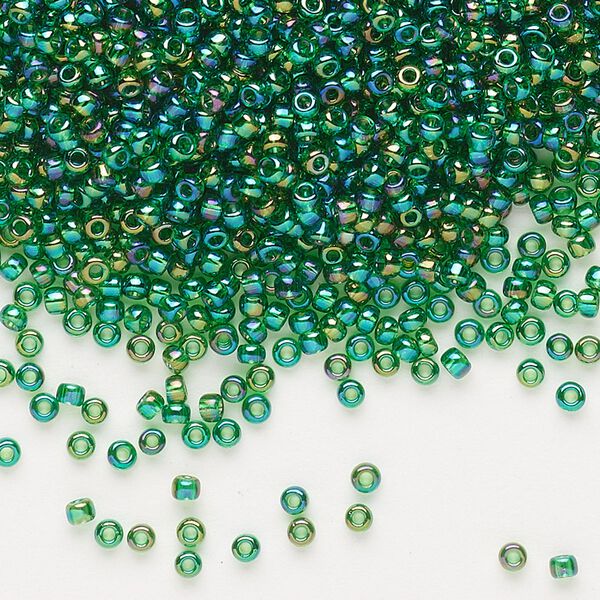 Seed bead, Dyna-Mites™, glass, pkg/1/2kg, #11 round, translucent rainbow emerald green, (22R 11/0 RR). image number 0