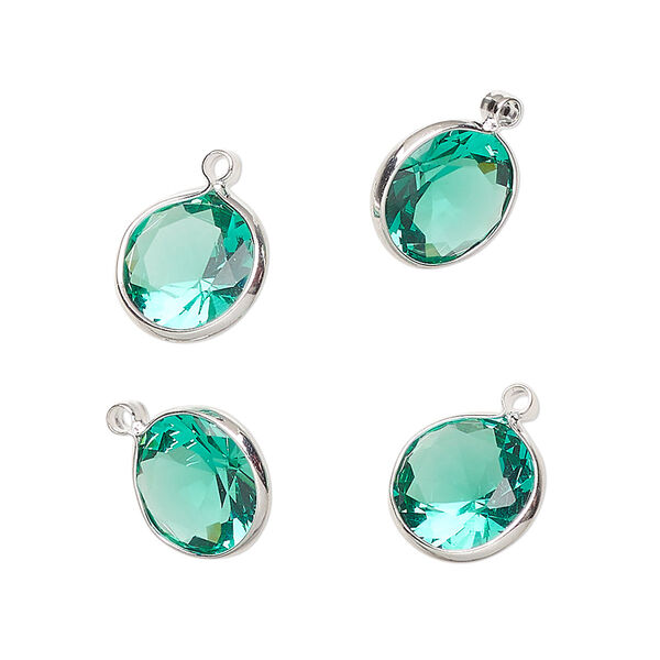 Drop, silver-finished brass, translucent blue zircon, 10mm faceted round with open back. Sold per pkg of 4. image number 0