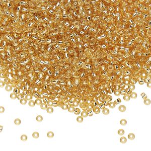 Seed bead, Miyuki, glass, pkg/250g, #11 rocaille, transparent silver-lined gold, (RR-3).