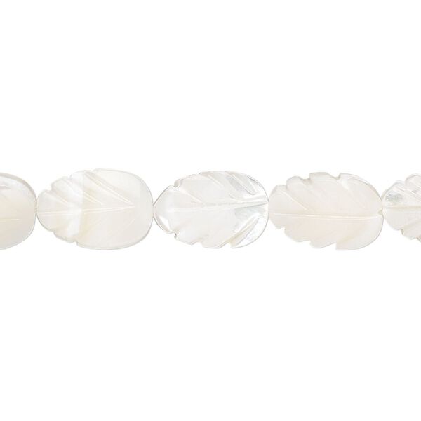 Bead, mother-of-pearl shell (bleached), white, 12x8mm carved hand-carved leaf, Mohs hardness 3-1/2. Sold per 15-1/2" to 16" strand. image number 0