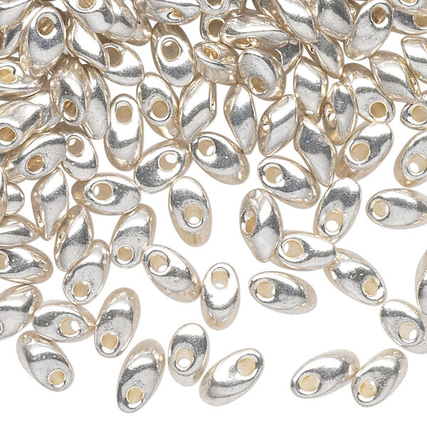 Seed bead, Miyuki, glass, pkg/10g, 7x4mm long magatama, opaque metallic shiny silver (LMA-1051). image number 0