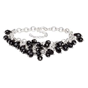 Bracelet, glass with silver-plated steel and "pewter" (zinc-based alloy), black, 18mm wide with 1-3/4 inch drape, 7 inches with 1-3/4 inch extender chain and lobster claw clasp. Sold individually.