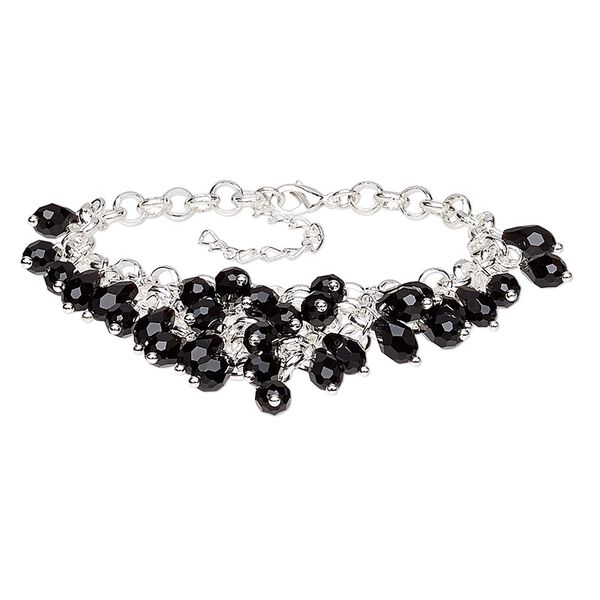 Bracelet, glass with silver-plated steel and "pewter" (zinc-based alloy), black, 18mm wide with 1-3/4 inch drape, 7 inches with 1-3/4 inch extender chain and lobster claw clasp. Sold individually. image number 0