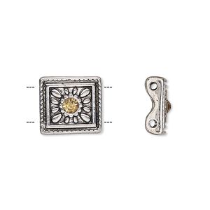 Spacer, glass rhinestone and antique silver-finished "pewter" (zinc-based alloy), light brown, 13x12mm single-sided 2-strand square with flower design, fits up to 5mm bead. Sold per pkg of 4.