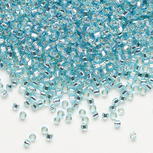 Seed bead, Dyna-Mites™, glass, pkg/40g, #11 round, translucent silver-lined rainbow light aqua, (77R:SR 11/0 SR). image number 0