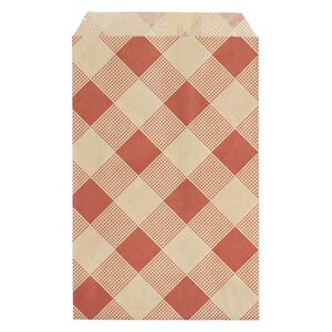 Bag, paper, brown and red, 6x4 inch rectangle with plaid-print and scalloped top edge. Sold per pkg of 100.