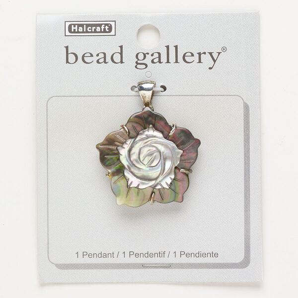 Pendant 1pkg1 "pewter" (zinc-based alloy) / black lip shell 34x32mm antique silver finish flower, natural image number 0