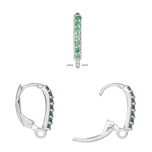 Ear wire leverback 1pkg2 sterling silver / cubic zirconia, 16mm / closed loop, green 1 pair