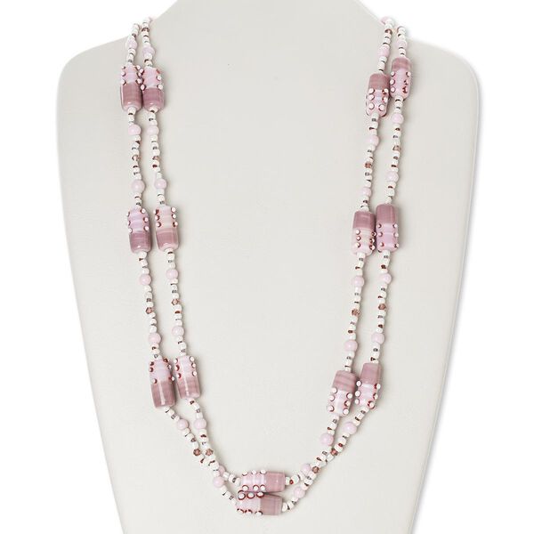 Necklace, glass and lampworked glass, multicolored, fancy barrel, 56-inch continuous loop. Sold individually. image number 0
