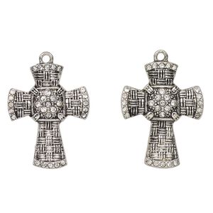 Focal, antique silver-finished "pewter" (zinc-based alloy) and glass, clear, 30x23mm weaved cross. Sold per pkg of 2.