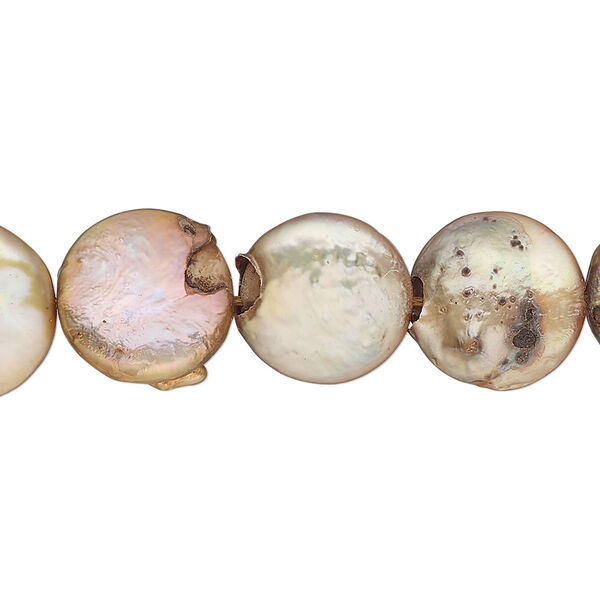 Pearl, cultured freshwater pearl (dyed), gold, 11-13mm flat round, Mohs hardness 2-1/2 to 4. Sold per 15-inch strand, approximately 30 beads. image number 0