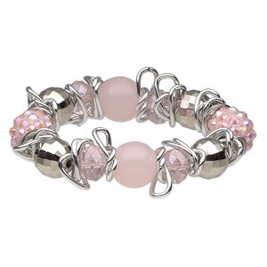 Bracelet, stretch, glass / polymer clay / aluminum / silver-coated acrylic / pewter (tin-based alloy), pink, 18mm wide with rondelle, 6 inches. Sold individually.