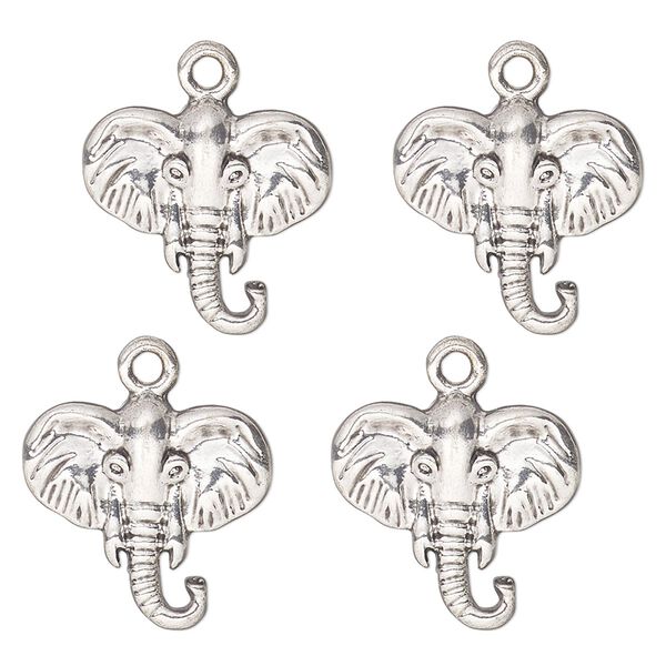 Charm, antique silver-finished "pewter" (zinc-based alloy) , 17mm single-sided elephant head. Sold per pkg of 4. image number 0