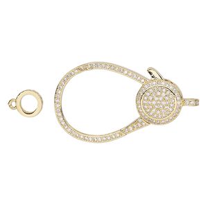Clasp lobster claw 1pkg1, 35x22.5mm double-sided, gold-finished brass / cubic zirconia clear 1-strand