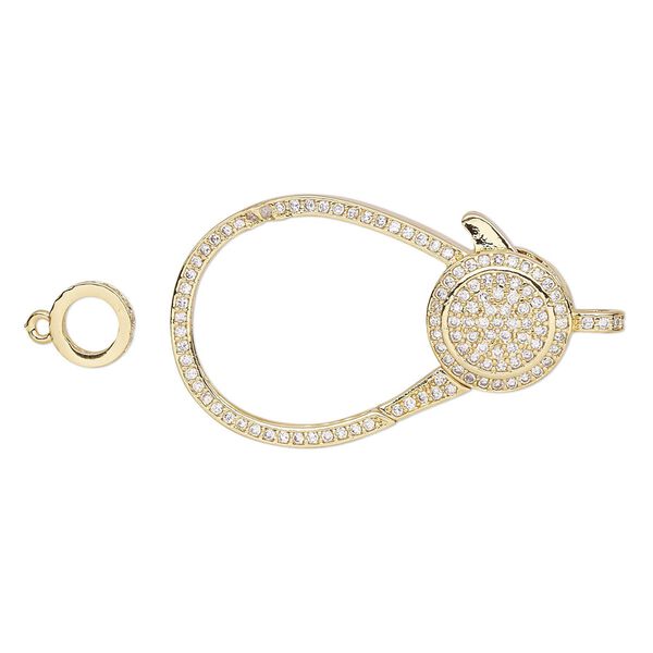 Clasp, lobster claw, cubic zirconia and gold-finished brass, clear, 35x22.5mm double-sided with 7.5mm ring. Sold individually. image number 0