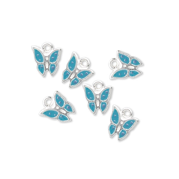 Charm, sterling silver with blue enamel, 8x7mm single-sided butterfly. Sold per pkg of 6. image number 0