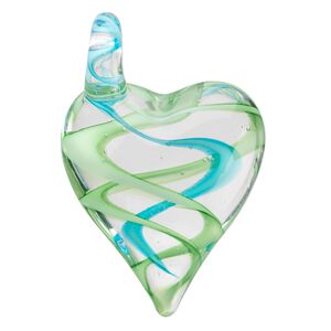 Pendant, lampworked glass, green / blue / clear, 45x30mm double-sided heart with spiral design. Sold individually.