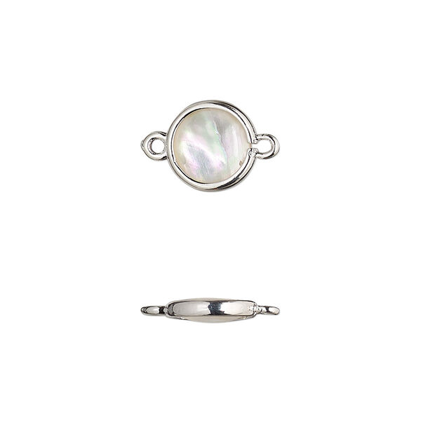 Link, mother-of-pearl shell and imitation rhodium-finished brass (assembled), 9.5mm-10.5mm double-sided round. Sold per pkg of 4. image number 0