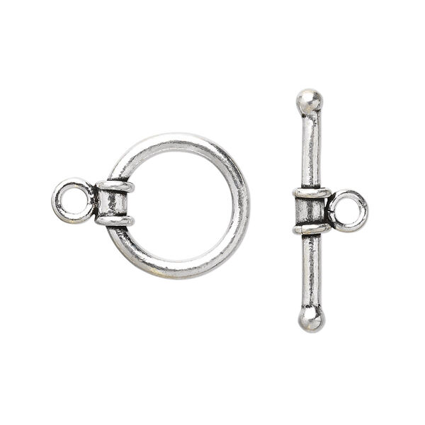 Clasp, toggle, antiqued sterling silver, 15mm smooth round. Sold per pkg of 2. image number 0