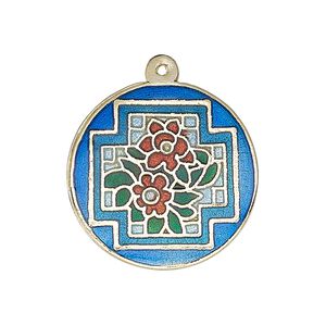 Drop, enamel and gold-finished brass, multicolored, 25-26mm single-sided flat round with double flower design. Sold per pkg of 2.