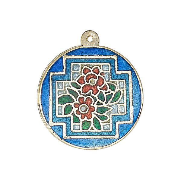 Drop, enamel and gold-finished brass, multicolored, 25-26mm single-sided flat round with double flower design. Sold per pkg of 2. image number 0