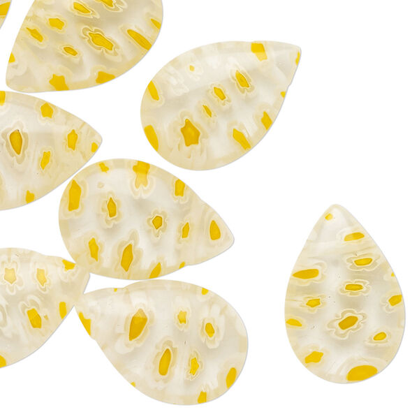 Bead, millefiori glass, transparent clear / yellow / white, 19x13mm puffed teardrop. Sold per pkg of 12. image number 0