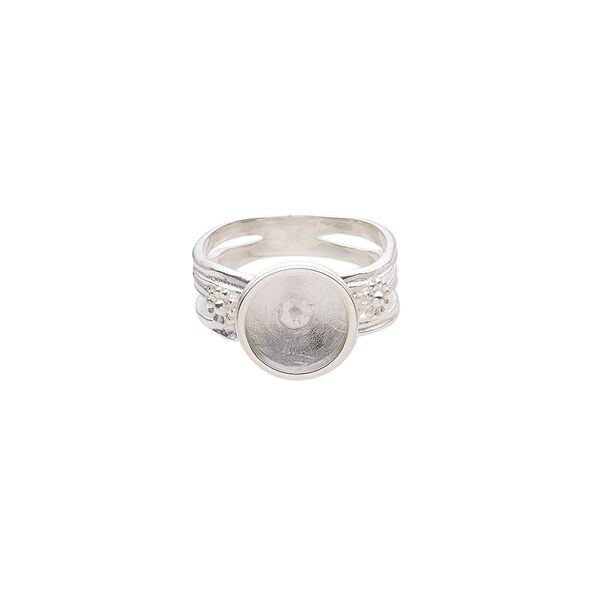 Ring, sterling silver, 9mm band with flower design and 13mm cup with 3mm peg, fits 10-12mm half-drilled round bead, size 9. Sold individually. image number 0