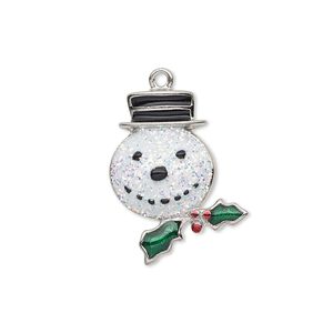 Charm, enamel and silver-plated "pewter" (zinc-based alloy), multicolored with glitter, 23x18mm single-sided snowman head with hat and holly leaves with berries. Sold individually.