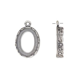 Drop, JBB Findings, antique silver-plated brass, 17x14mm oval with open back and flower and leaf design trim, 16x12mm oval bezel setting. Sold per pkg of 2.