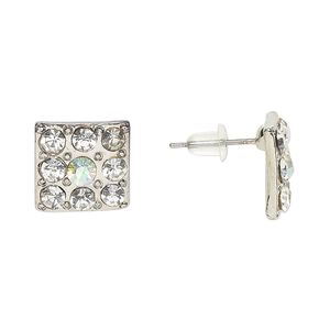 Earstud, Everyday Jewelry, antique silver-finished "pewter" (zinc-based alloy) and glass, clear AB, 12mm square. Sold per pair.