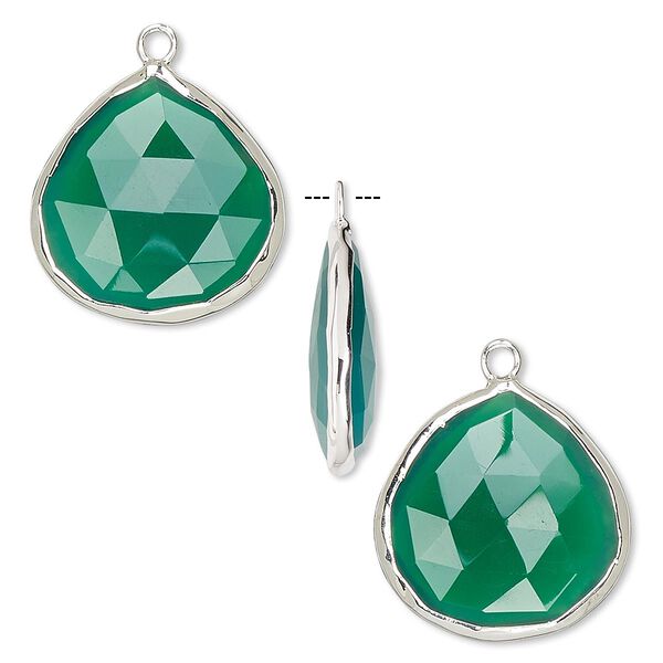 Drop, green onyx (dyed) and sterling silver, 20x20mm double-sided faceted teardrop. Sold per pkg of 2. image number 0
