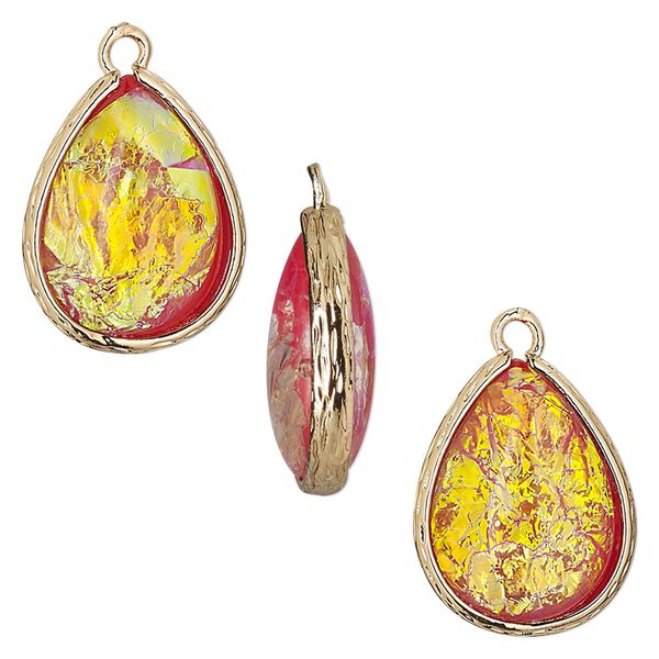 Drop, Opalized Ice™, "opal" (resin) and gold-finished brass, orange, 19.5x15mm double-sided teardrop. Sold per pkg of 4. image number 0