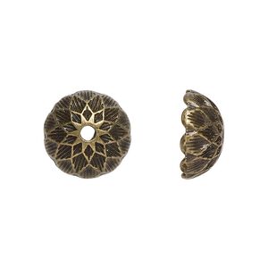 Bead cap, antiqued brass-finished "pewter" (zinc-based alloy), 14x7mm round, fits 14-15mm beads. Sold per pkg of 10.