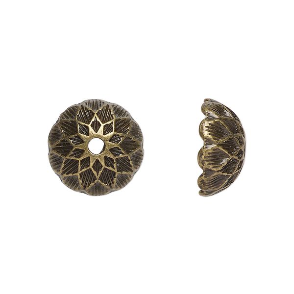 Bead cap, antiqued brass-finished "pewter" (zinc-based alloy), 14x7mm round, fits 14-15mm beads. Sold per pkg of 10. image number 0