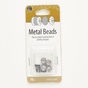 Bead, silver-finished brass and glass, black, 7x3mm rondelle. Sold per pkg of 10.